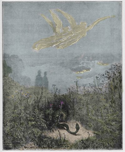 Purgatorio, Canto 8: The angels drive the serpent away (illustration from The Divine Comedy) by Gustave after Dore